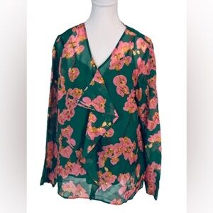 NWT Green Pink Silk Carlisle Sheer Blouse Vintage Floral Top Shirt Ruffle